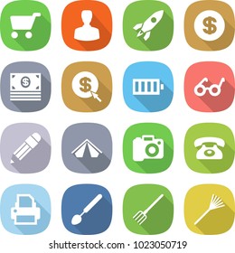 flat vector icon set - cart vector, man, rocket, dollar, money, arrow, battery, pacemaker, pencil, tent, camera, phone, printer, big spoon, fork, rake