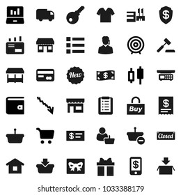 Flat vector icon set - cart vector, japanese candle, laptop graph, wallet, crisis, target, office, gift, credit card, cash, new, closed, market, store, mall, customer, support, buy, receipt, basket