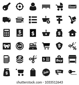 Flat vector icon set - cart vector, receipt, gift, dollar coin, money bag, sale, new, closed, 24 hour, shopping, market, mall, customer, target, buy, barcode, card reader, cashbox, basket, home