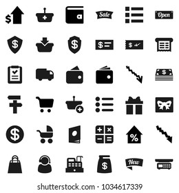 Flat vector icon set - cart vector, wallet, crisis, percent growth, dollar, gift, coin, cash, money bag, sale, new, open, shopping, support, cashbox, receipt, basket, list, calculator, delivery