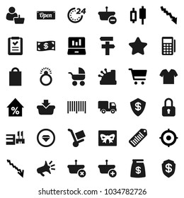 Flat vector icon set - cart vector, japanese candle, laptop graph, crisis, percent growth, target, barcode, gift, cash, star, money bag, open, 24 hour, shopping, mall, customer, card reader, cashbox