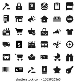 Flat vector icon set - cart vector, receipt, gift, dollar coin, cash, star, new, market, store, target, buy, barcode, card reader, cashbox, basket, home, shopping list, auction, delivery, mail, lock