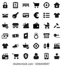 Flat vector icon set - cart vector, japanese candle, wallet, target, euro sign, barcode, credit card, cash, store, customer, cashbox, receipt, basket, home, shopping list, auction, mail, catalog