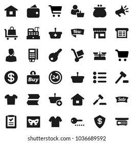Flat vector icon set - cart vector, gift, dollar coin, wallet, sale, new, 24 hour, store, customer, support, buy, card reader, cashbox, receipt, basket, home, shopping list, auction, trolley, menu