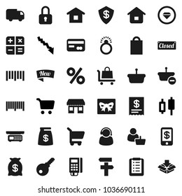 Flat vector icon set - cart vector, japanese candle, crisis, office, barcode, gift, credit card, money bag, new, closed, shopping, percent, customer, support, reader, receipt, basket, home, list