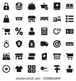 Flat vector icon set - cart vector, receipt, dollar coin, wallet, cash, money bag, sale, closed, 24 hour, shopping, percent, store, mall, support, target, barcode, cashbox, basket, calculator, lock