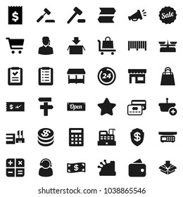 Flat vector icon set - cart vector, receipt, credit card, dollar coin, wallet, cash, star, sale, open, 24 hour, shopping bag, market, store, mall, support, barcode, cashbox, basket, list, calculator