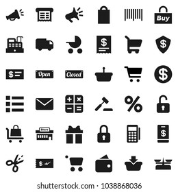 Flat vector icon set - cart vector, gift, dollar coin, wallet, open, closed, shopping bag, percent, mall, buy, barcode, card reader, cashbox, receipt, basket, calculator, auction, trolley, delivery