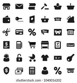 Flat vector icon set - cart vector, gift, credit card, wallet, sale, new, closed, percent, market, store, customer, support, reader, cashbox, receipt, basket, shopping list, calculator, auction