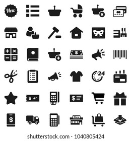 Flat vector icon set - cart vector, gift, credit card, cash, star, new, 24 hour, store, mall, customer, barcode, reader, basket, home, shopping list, calculator, auction, trolley, delivery, mail
