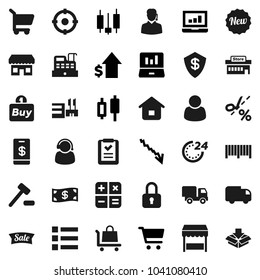 Flat vector icon set - cart vector, japanese candle, laptop graph, crisis, dollar growth, cash, sale, new, 24 hour, market, store, mall, customer, support, target, buy, barcode, cashbox, home, lock