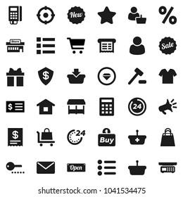 Flat vector icon set - cart vector, receipt, gift, star, sale, new, open, 24 hour, shopping bag, percent, market, mall, customer, target, buy, card reader, basket, home, calculator, auction, trolley