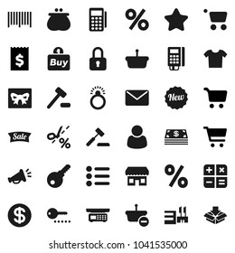 Flat vector icon set - cart vector, receipt, gift, dollar coin, wallet, cash, star, sale, new, percent, store, mall, customer, buy, barcode, card reader, basket, calculator, auction, mail, lock