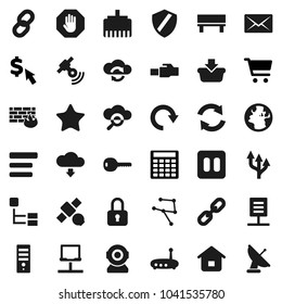 Flat vector icon set - cart vector, calculator, dollar cursor, earth, satellite, satellitie, favorites, pause button, network, notebook, cloud glass, exchange, menu, shield, firewall, router, bench