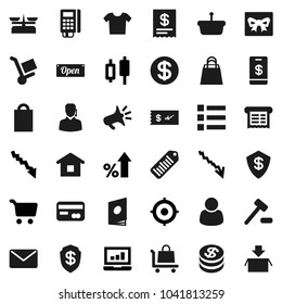 Flat vector icon set - cart vector, japanese candle, laptop graph, crisis, percent growth, target, barcode, gift, credit card, dollar coin, open, shopping bag, customer, support, reader, receipt