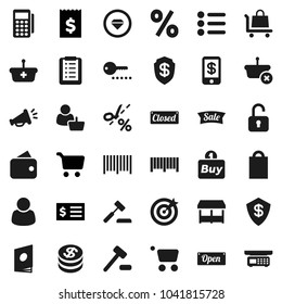 Flat vector icon set - cart vector, receipt, dollar coin, wallet, sale, open, closed, shopping bag, percent, market, customer, target, buy, barcode, card reader, basket, list, auction, trolley, menu