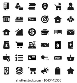 Flat vector icon set - cart vector, receipt, dollar coin, cash, money bag, open, closed, shopping, mall, customer, support, target, barcode, card reader, cashbox, basket, home, mail, catalog, menu