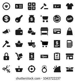 Flat vector icon set - cart vector, receipt, credit card, dollar coin, wallet, money bag, sale, open, 24 hour, shopping, market, store, customer, target, reader, cashbox, basket, list, calculator