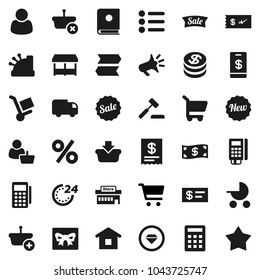 Flat vector icon set - cart vector, gift, dollar coin, cash, sale, new, 24 hour, percent, market, mall, customer, card reader, cashbox, receipt, basket, home, calculator, auction, trolley, delivery