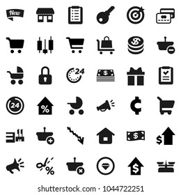Flat vector icon set - cart vector, japanese candle, crisis, percent growth, dollar, cent sign, office, gift, credit card, coin, cash, new, 24 hour, mall, target, basket, home, shopping list, lock