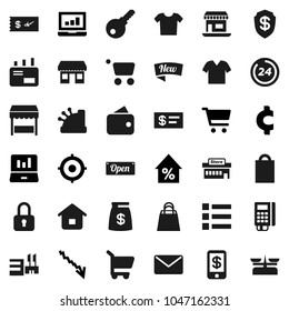 Flat vector icon set - cart vector, laptop graph, crisis, percent growth, target, cent sign, office, wallet, money bag, new, open, 24 hour, shopping, market, mall, card reader, cashbox, home, mail