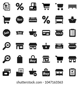 Flat vector icon set - cart vector, credit card, office, cargo search, estate document, rooms signboard, sold, low price, sale, new, shopping bag, percent, market, store, buy, barcode, basket, list