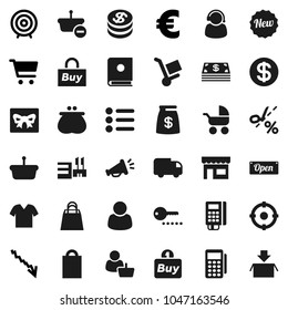 Flat vector icon set - cart vector, crisis, target, euro sign, gift, dollar coin, wallet, cash, money bag, new, open, shopping, store, mall, customer, support, buy, card reader, basket, trolley