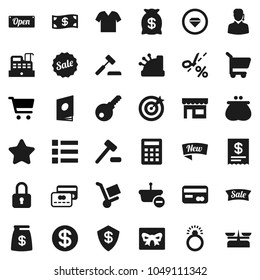 Flat vector icon set - cart vector, gift, credit card, dollar coin, wallet, cash, star, money bag, sale, new, open, store, support, target, cashbox, receipt, basket, calculator, auction, trolley