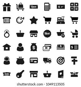 Flat vector icon set - cart vector, receipt, gift, credit card, wallet, cash, star, money bag, sale, new, open, 24 hour, store, customer, support, target, reader, cashbox, basket, home, calculator