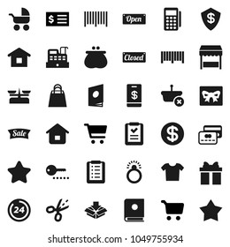 Flat vector icon set - cart vector, receipt, gift, credit card, dollar coin, wallet, star, sale, open, closed, 24 hour, shopping bag, market, barcode, reader, cashbox, basket, home, list, catalog