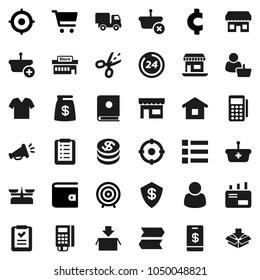 Flat vector icon set - cart vector, wallet, target, cent sign, office, dollar coin, money bag, 24 hour, store, mall, customer, card reader, basket, home, shopping list, delivery, mail, catalog, menu