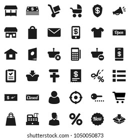 Flat vector icon set - cart vector, cash, new, open, closed, shopping bag, percent, market, store, customer, support, target, card reader, cashbox, receipt, basket, home, list, trolley, mail, check