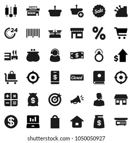 Flat vector icon set - cart vector, japanese candle, laptop graph, dollar growth, target, office, coin, wallet, cash, money bag, sale, closed, 24 hour, shopping, percent, store, mall, support, home