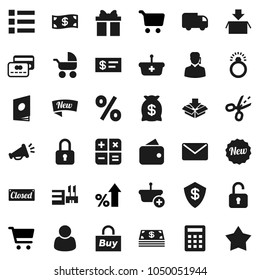 Flat vector icon set - cart vector, percent growth, gift, credit card, wallet, cash, money bag, new, closed, mall, customer, support, buy, basket, calculator, delivery, mail, catalog, loudspeaker