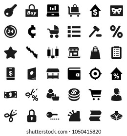 Flat vector icon set - cart vector, japanese candle, laptop graph, wallet, crisis, percent growth, dollar, target, cent sign, office, gift, coin, cash, star, 24 hour, shopping bag, market, customer
