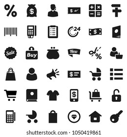 Flat vector icon set - cart vector, wallet, cash, money bag, sale, new, 24 hour, shopping, percent, customer, support, buy, barcode, card reader, home, list, calculator, trolley, catalog, unlock