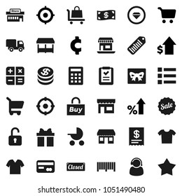 Flat vector icon set - cart vector, percent growth, dollar, target, cent sign, office, barcode, gift, credit card, coin, cash, sale, closed, market, store, mall, support, buy, receipt, shopping list