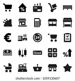 Flat vector icon set - cart vector, japanese candle, percent growth, euro sign, office, cash, closed, 24 hour, market, mall, barcode, card reader, cashbox, basket, shopping list, calculator, trolley