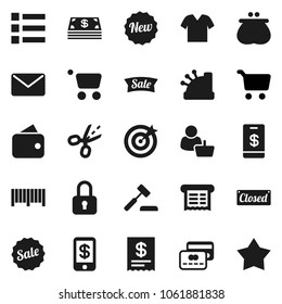 Flat vector icon set - cart vector, credit card, wallet, cash, sale, new, closed, customer, target, barcode, cashbox, receipt, auction, mail, lock, tap pay, coupon, clothes, menu, star