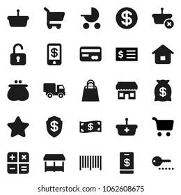 Flat vector icon set - cart vector, receipt, credit card, dollar coin, wallet, cash, star, money bag, shopping, market, store, barcode, basket, home, calculator, delivery, unlock, tap pay, shield