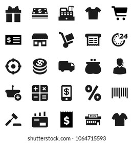 Flat vector icon set - cart vector, receipt, gift, dollar coin, wallet, cash, 24 hour, percent, store, mall, support, target, barcode, cashbox, basket, calculator, auction, trolley, delivery, mail