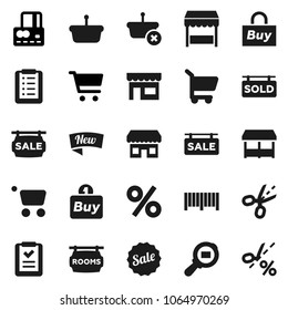 Flat vector icon set - cart vector, credit card, cargo search, sale signboard, rooms, sold, new, percent, market, store, buy, barcode, basket, shopping list, coupon