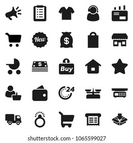 Flat vector icon set - cart vector, wallet, cash, star, money bag, new, 24 hour, shopping, store, customer, support, buy, receipt, home, list, delivery, mail, loudspeaker, diamond ring, clothes