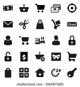Flat vector icon set - cart vector, receipt, gift, credit card, cash, closed, 24 hour, shopping bag, mall, customer, support, target, basket, home, calculator, trolley, mail, lock, unlock, coupon