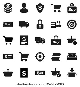 Flat vector icon set - cart vector, receipt, dollar coin, cash, open, mall, support, target, buy, basket, delivery, lock, check, signpost, shield, package