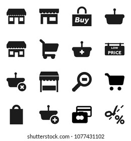 Flat vector icon set - cart vector, credit card, office, cargo search, low price signboard, shopping bag, market, store, buy, basket, coupon