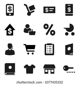 Flat vector icon set - cart vector, dollar growth, office, percent, customer, support, shopping list, trolley, catalog, check, tap pay, baby stroller, clothes, password