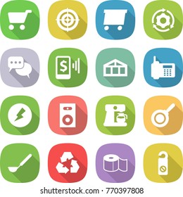 flat vector icon set - cart vector, target, delivery, around gear, discussion, mobile pay, greenhouse, phone, electricity, speaker, coffee maker, pan, ladle, recycling, toilet paper, do not distrub