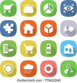 flat vector icon set - cart vector, purse, diagram, eye identity, puzzle, home, 3d, scooter shipping, hotel, do not distrub, orbit, rain cloud, sun, vacuum cleaner