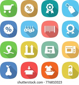 flat vector icon set - cart vector, percent, medal, label, sale, bar code, geo pin, cargo top sign, heavy, grill oven, pear, package, handle washing, do not distrub